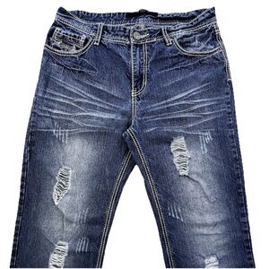 CJ Black Bootcut Jeans Mens 32x33 Blue Denim Distressed Embroidered Pockets